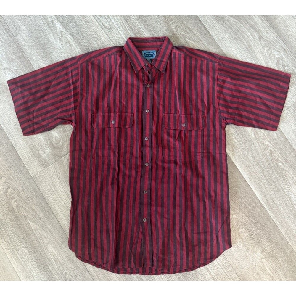 Vintage 90s Shah Safari Short Sleeve Striped Shirt Men's Medium Red Black
